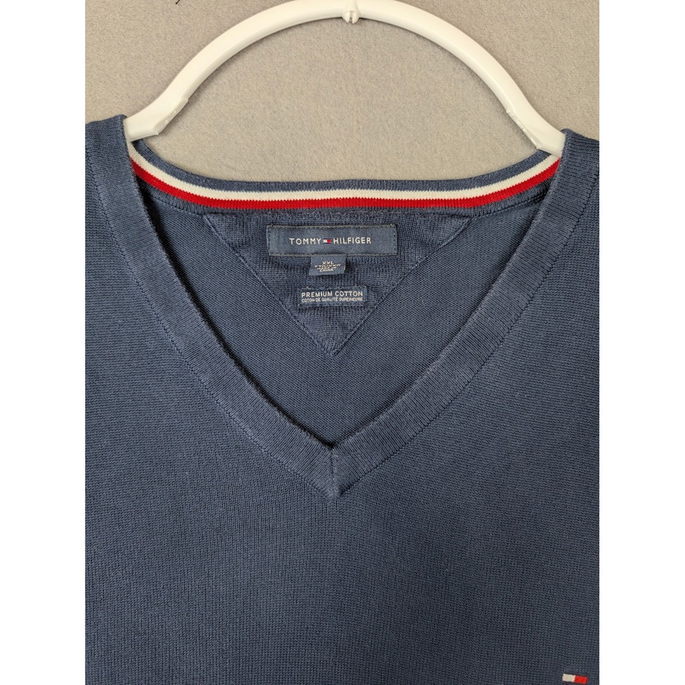 Tommy Hilfiger Mens XXL Navy Blue V-Neck Premium Cotton Knit Sweater Logo - Picture 3 of 8